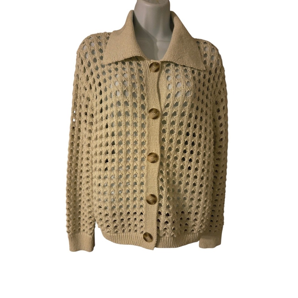 Ivory Open-Knit Button Down Cardigan W Oversized Buttons Long Sleeve‎ Boho L